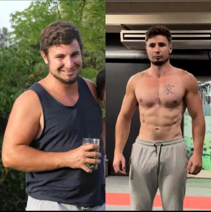 Before and after — lost the gut, kept the strength